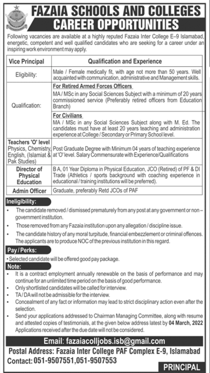 Fazaia Inter College Islamabad Jobs 2022