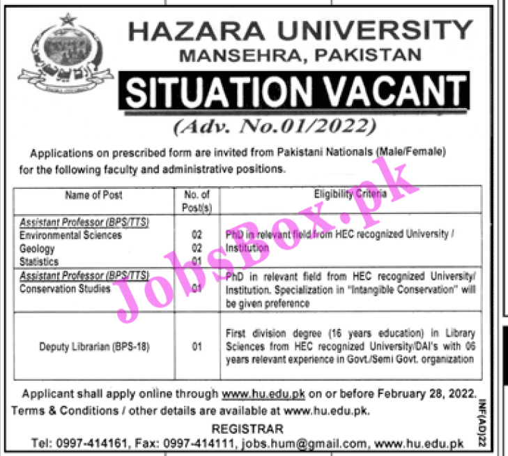 Hazara University Mansehra Jobs 2022