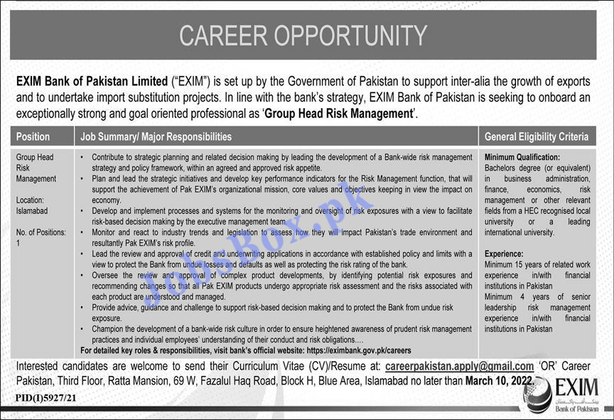 EXIM Bank of Pakistan Jobs 2022 
