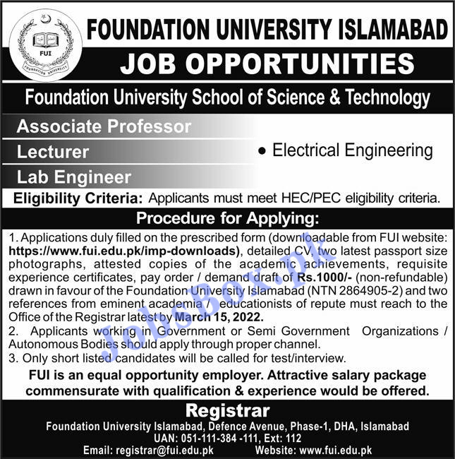 Foundation University Islamabad FUI Jobs 2022 Application Form