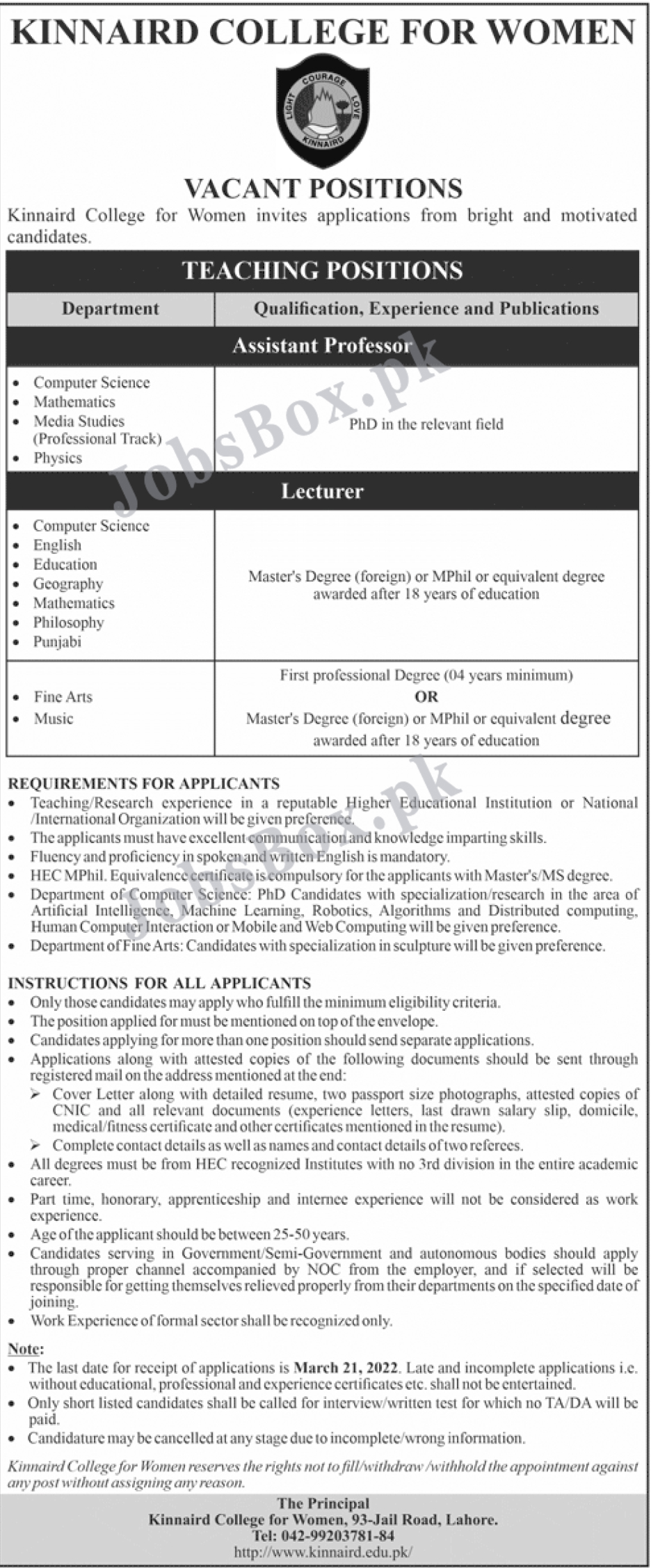 Kinnaird College for Women Jobs 2022 for Professors and Lecturers
