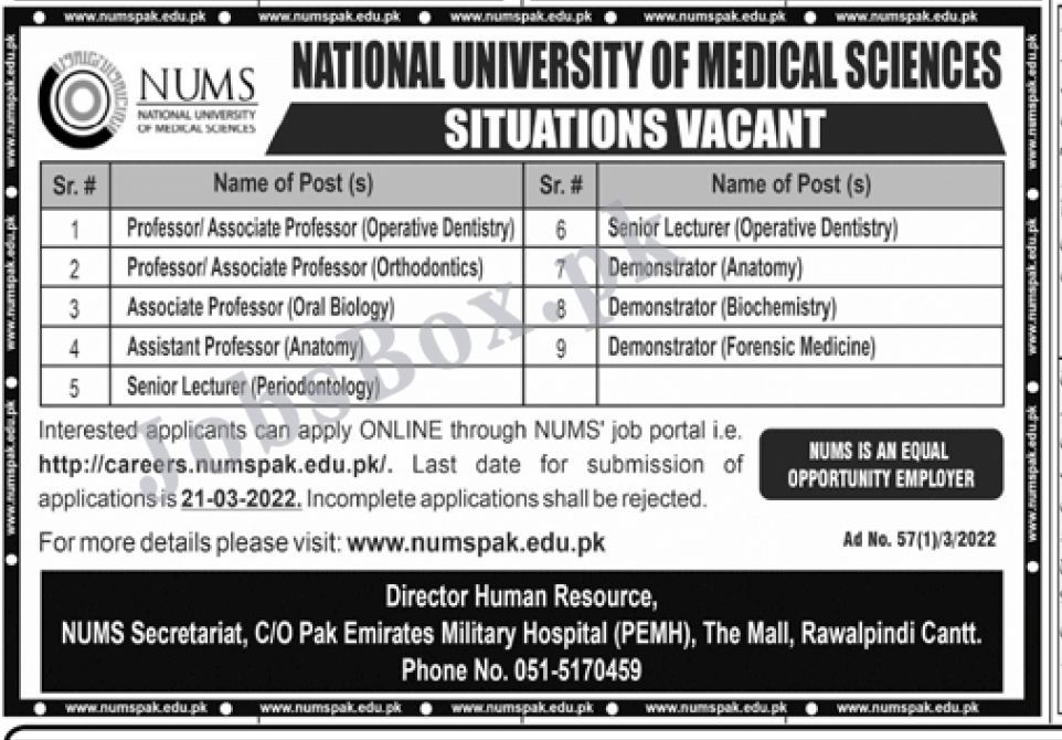 National University of Medical Sciences NUMS Jobs 2022 Online Apply
