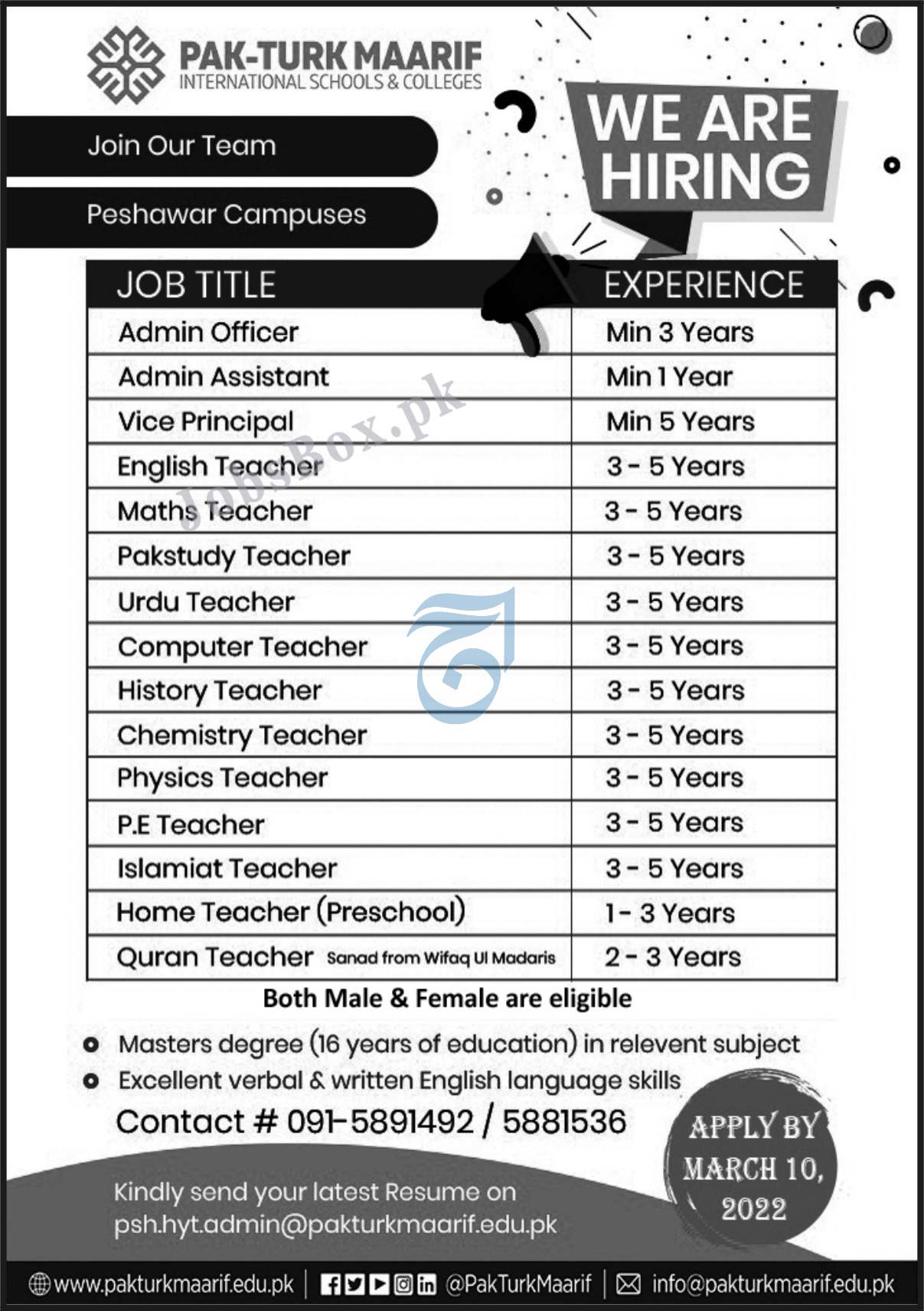 Pak-Turk Maarif International Schools & Colleges Peshawar Jobs 2022