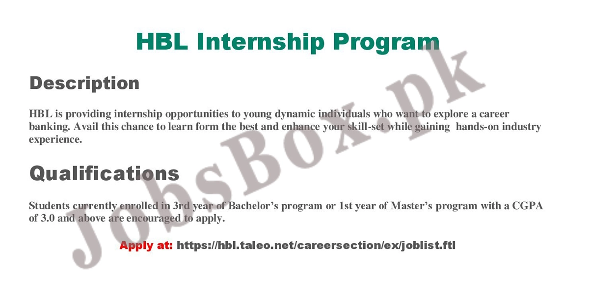 HBL Internship Program 2022 for Pakistanis – Apply Online