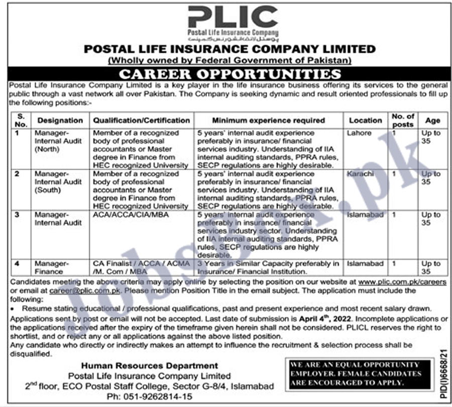Postal Life Insurance Company Limited PLICL Jobs 2022 Apply Online