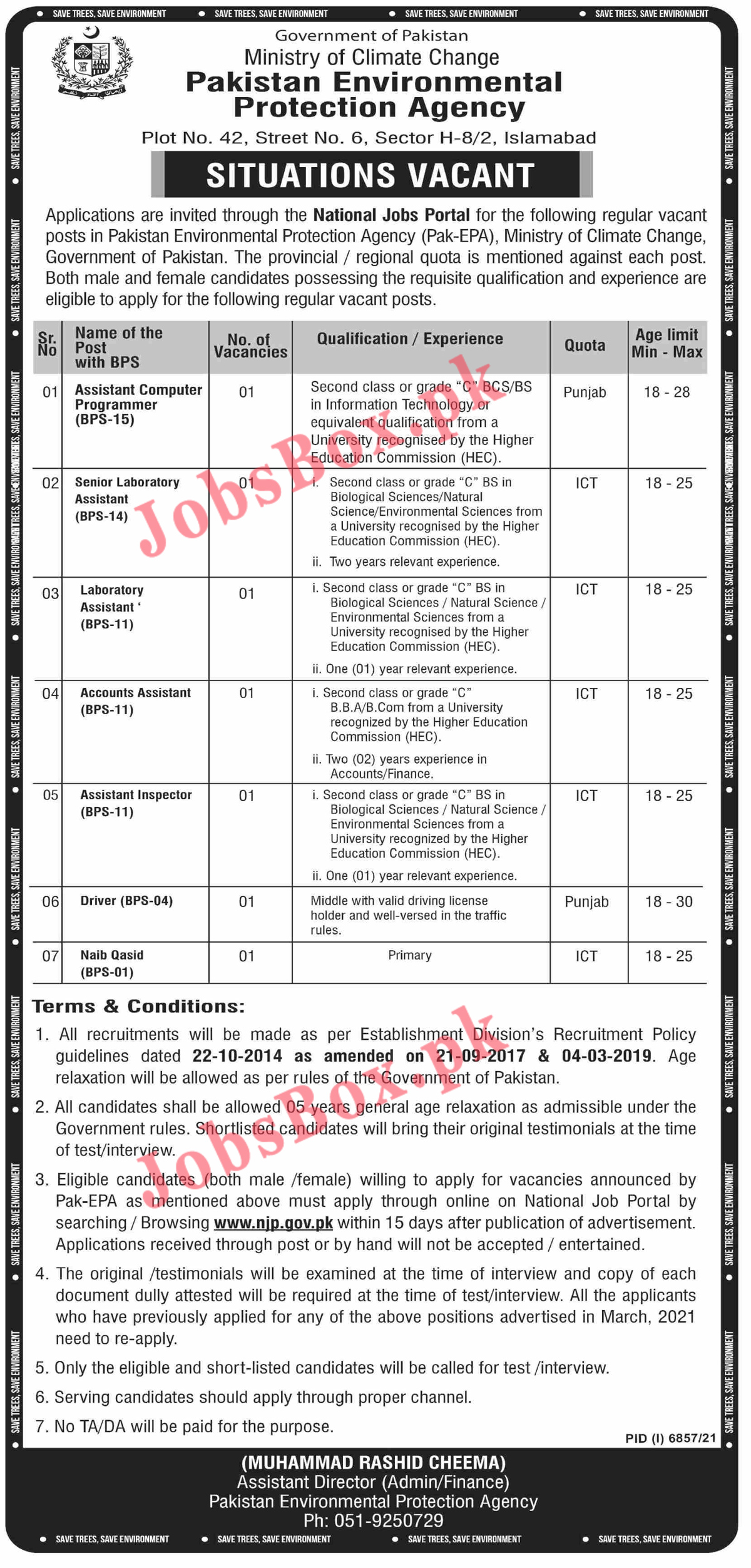 Ministry of Climate Change Jobs 2022 – Pak Environmental Protection Agency