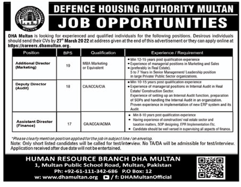 Defence Housing Authority DHA Multan Jobs 2022 – Apply Online