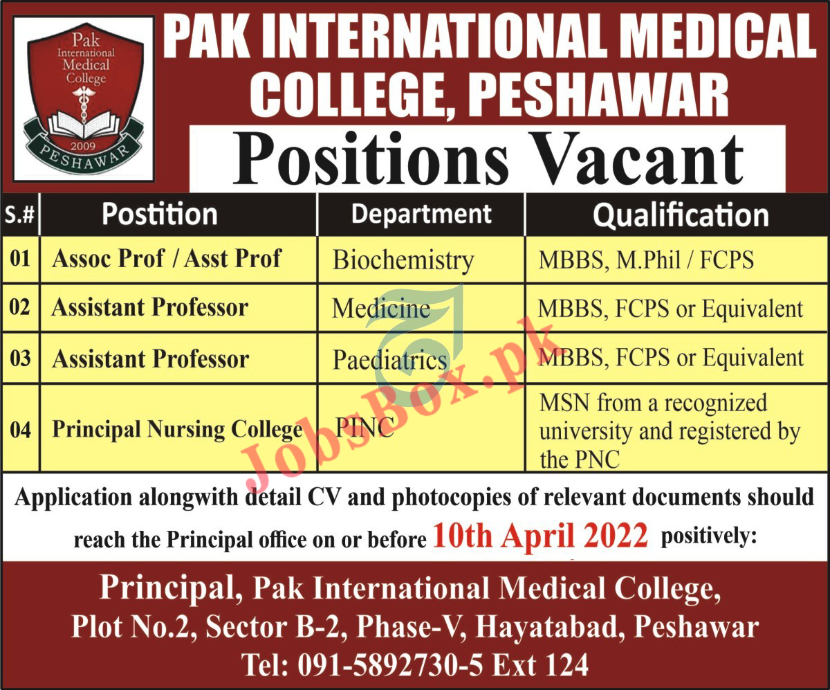 Pak International Medical College Peshawar Jobs 2022