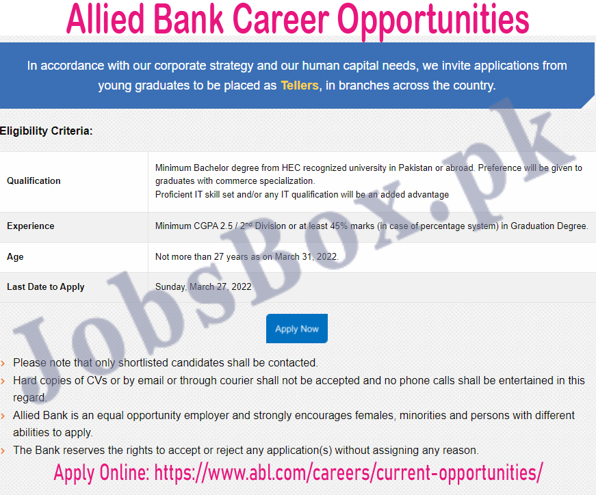 Allied Bank Limited ABL Jobs 2022 for Tellers – Online Applications