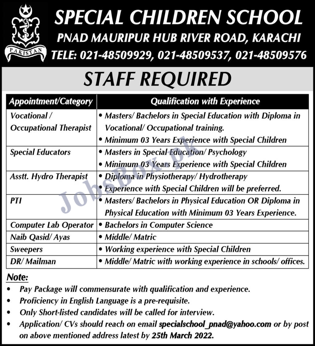Pakistan Navy Special Children School Karachi Jobs 2022