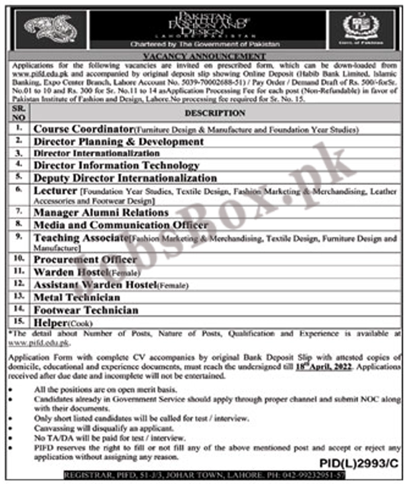 Pakistan Institute of Fashion & Design PIFD Jobs 2022 Application Form