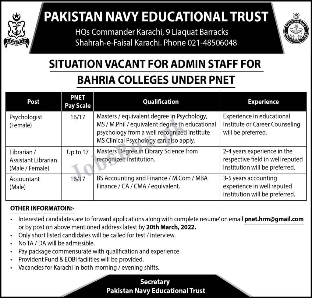 Pakistan Navy Educational Trust Jobs 2022 PNET