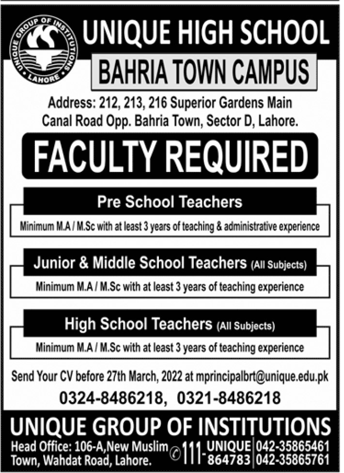 Unique High School Bahria Town Campus Lahore Jobs 2022