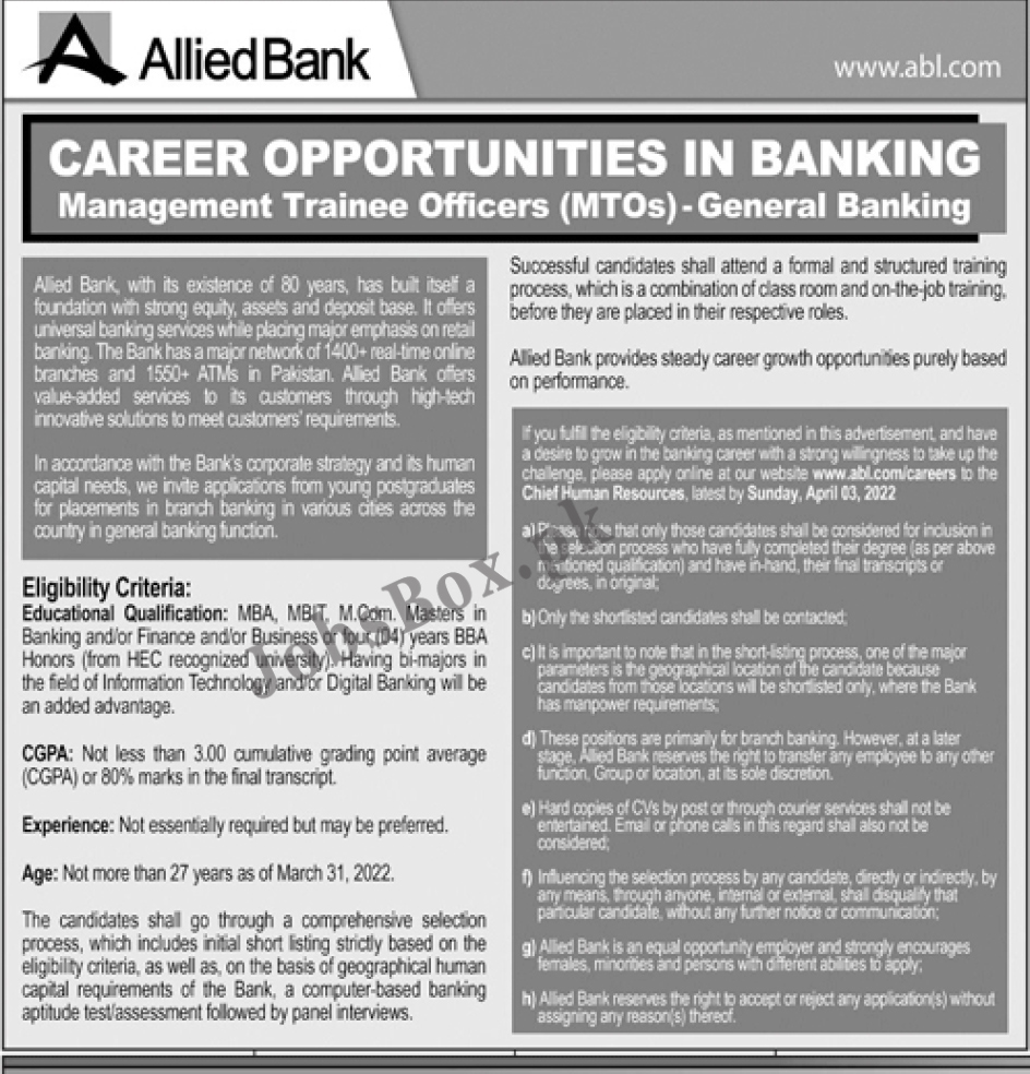 Allied Bank Limited ABL Jobs 2022 – Management Trainee Officers MTO