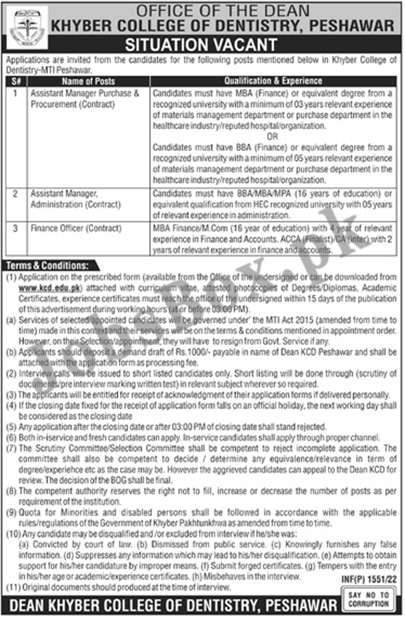 Khyber College of Dentistry Peshawar Jobs 2022 Download Application From