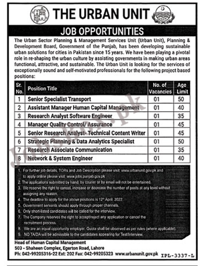Punjab Government Jobs in The Urban Unit – Apply at www.urbanunit.gov.pk