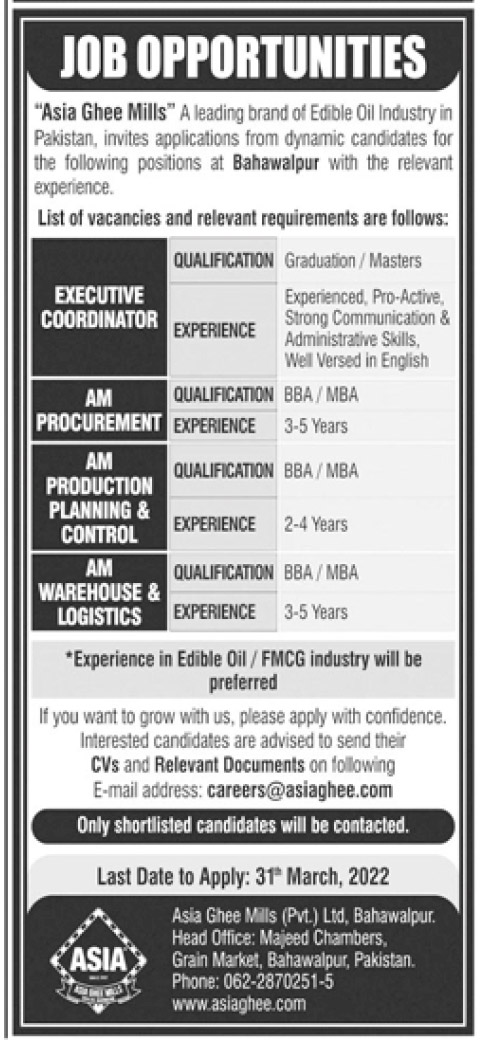 Asia Ghee Mills Private Limited Jobs 2022 – www.asiaghee.com