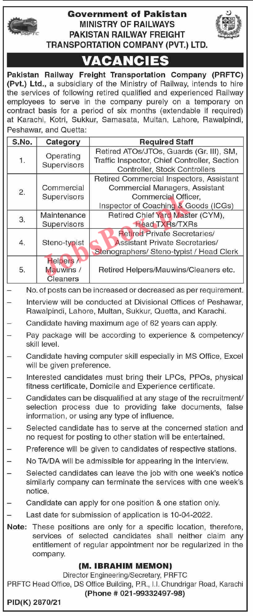 Ministry of Railways PRFTC Jobs 2022 – Pakistan Railways Career