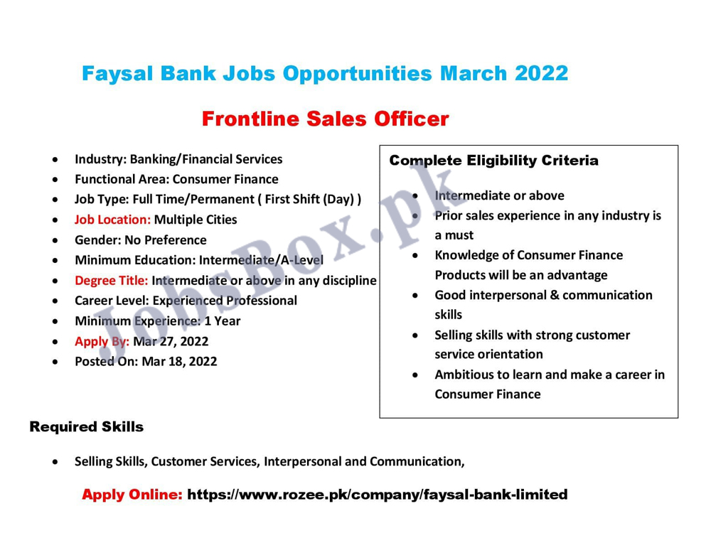 Faysal Bank Jobs 2022 for Frontline Sales Officers