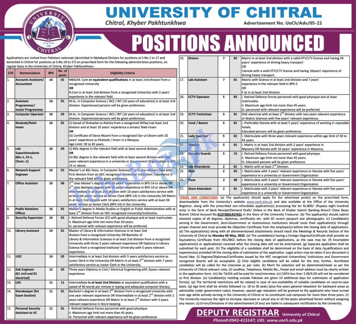 University of Chitral Jobs 2022 Online Form Download – www.uoch.edu.pk
