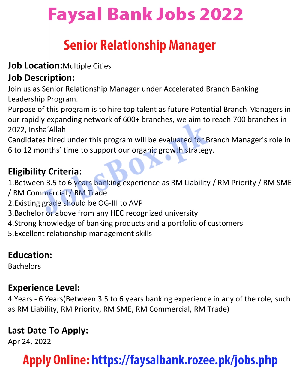 Faysal Bank Jobs 2022 for Senior Relationship Managers – Online Form