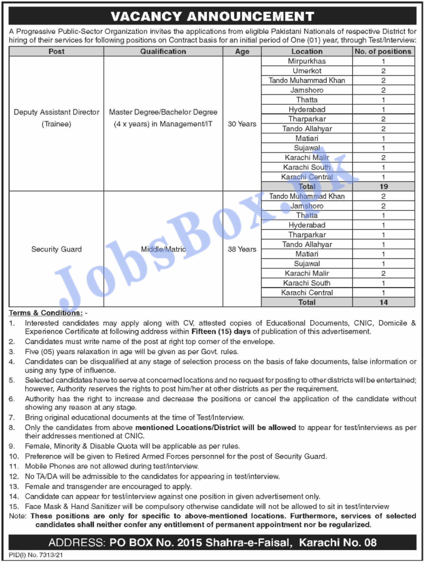 Public Sector PO Box 2015 Karachi Jobs 2022 April Advertisement