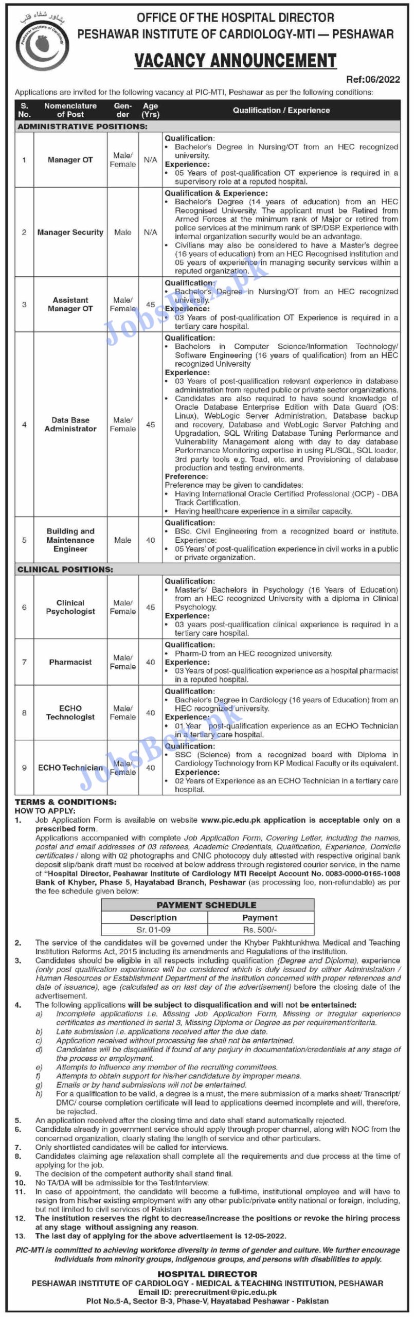 Peshawar Institute of Cardiology PIC Jobs 2022 Download Form Online
