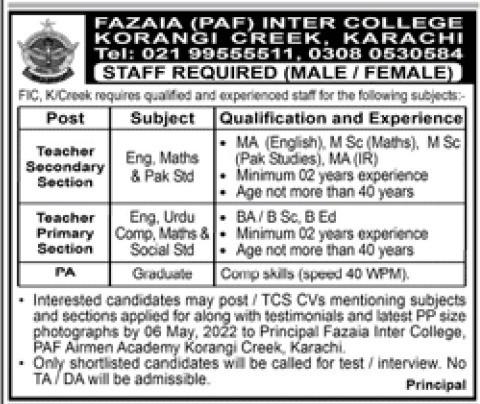 Fazaia Inter College Korangi Creek Karachi Jobs 2022
