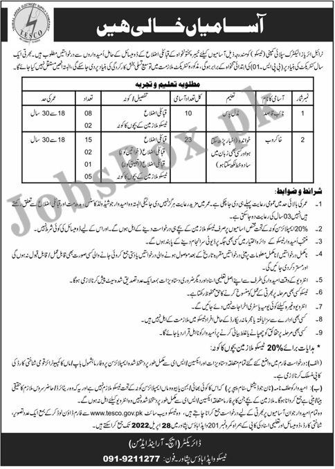 Tribal Areas Electric Supply Company TESCO Jobs 2022 for Class IV