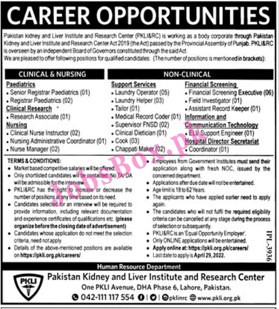 Pakistan Kidney And Liver Institute PKLI Jobs 2022 for Male & Female