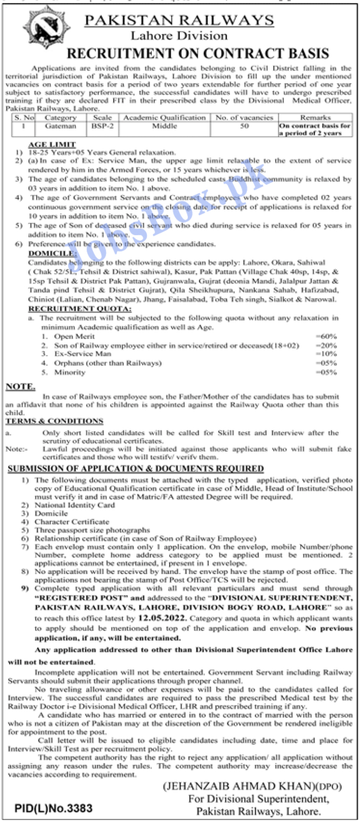 Pakistan Railways Lahore Division Jobs 2022 for Gateman