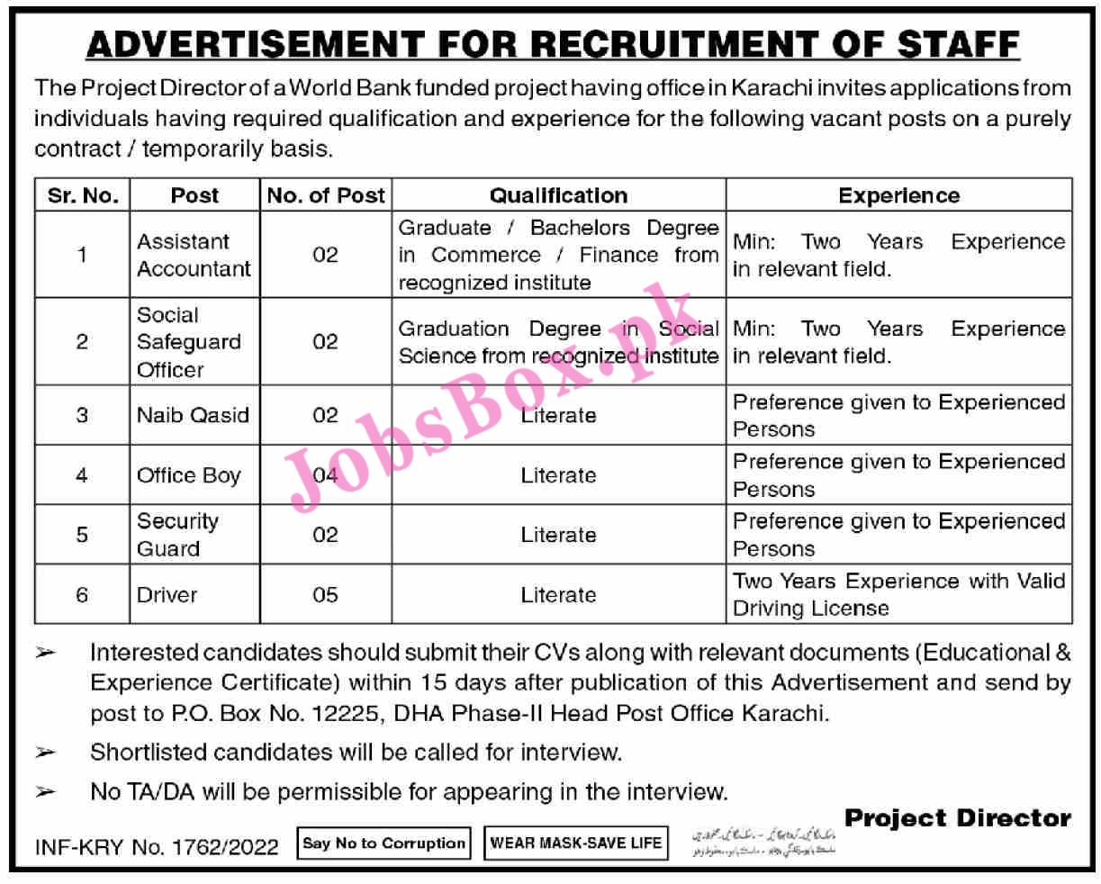 World Bank Funded Project Jobs 2022 – PO Box 12225 Karachi Career
