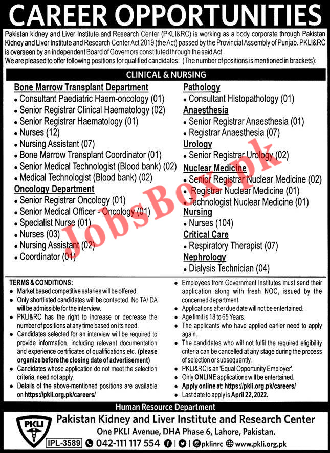 Pakistan Kidney And Liver Institute PKLI Jobs 2022 – Pkli.org.pk/careers