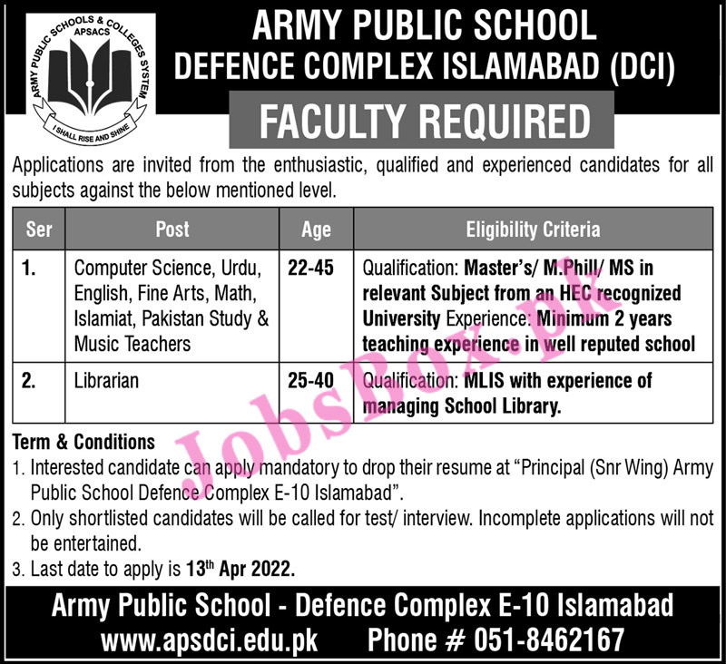 Army Public School APS Defence Complex Islamabad Jobs 2022