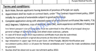College of Ophthalmology & Allied Vision Sciences Lahore Jobs 2022