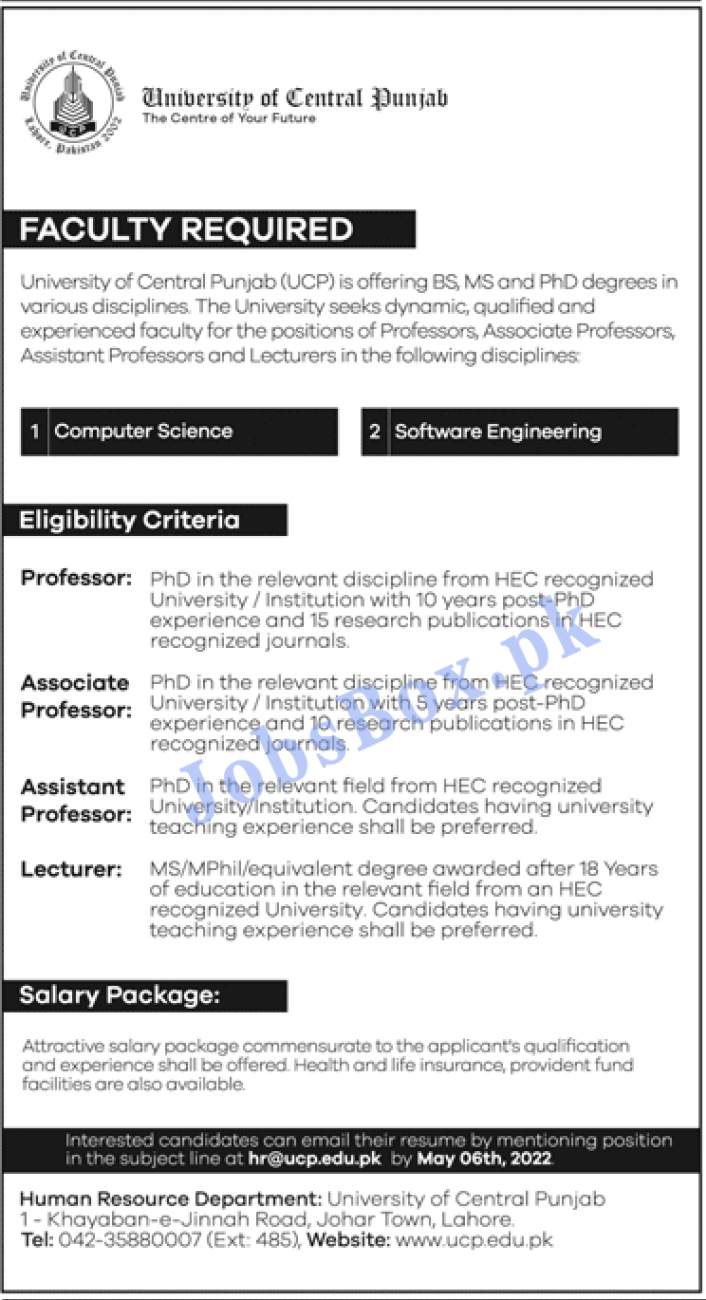 University of Central Punjab Jobs 2022 UCP Online Apply