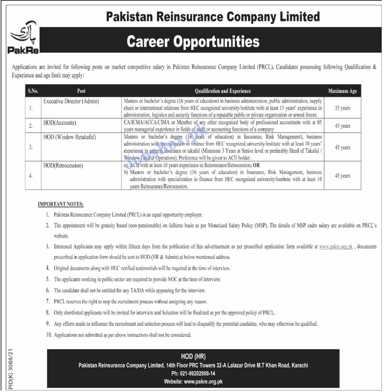 Pakistan Reinsurance Company Limited PRCL Jobs 2022 Form Download
