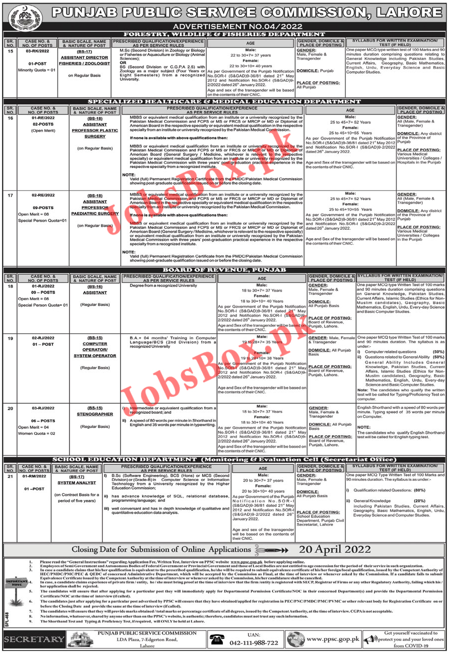 PPSC Jobs 2022 Advertisement No. 04/2022 – www.ppsc.gop.pk