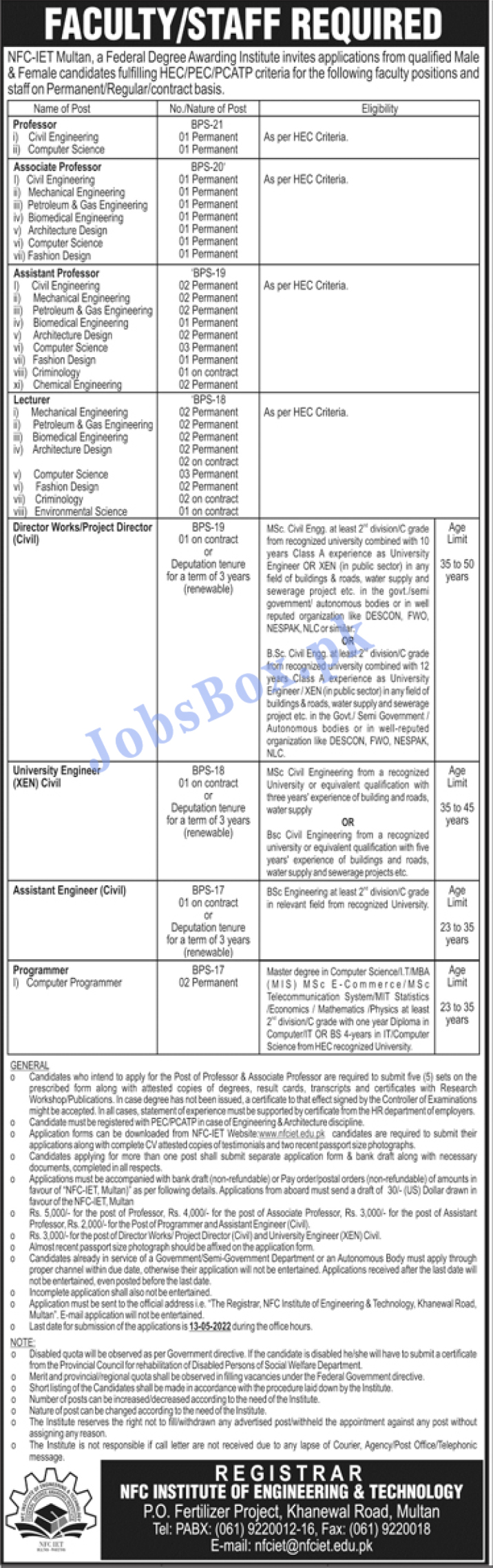 NFC Institute of Engineering & Technology Jobs 2022 Download Form