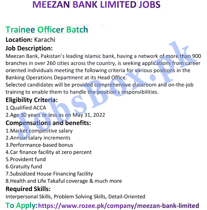 Meezan Bank Trainee Officer & Trade Officer Jobs 2022 Online Form