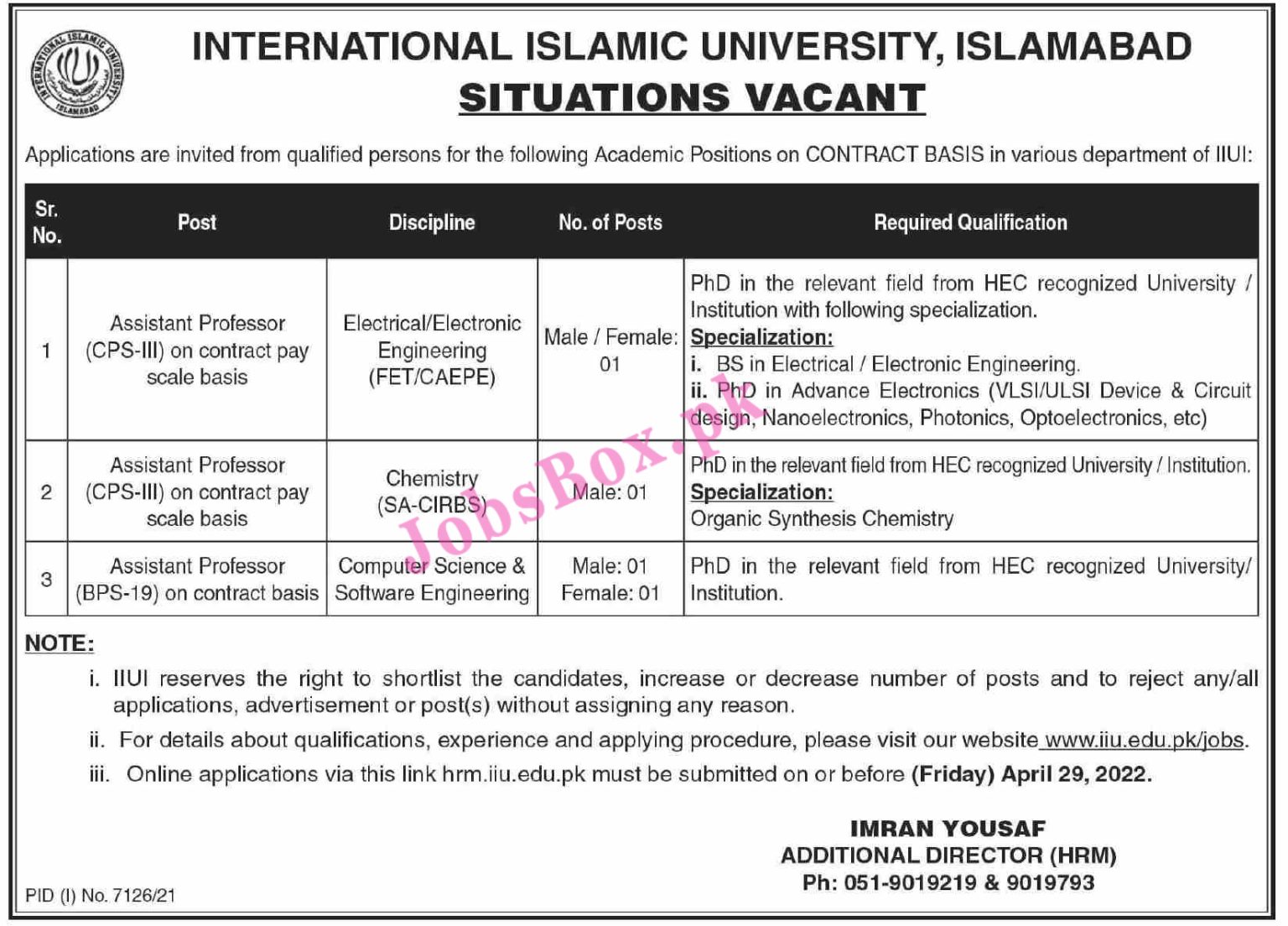 International Islamic University Islamabad IIUI Jobs 2022 – hrm.iiu.edu.pk