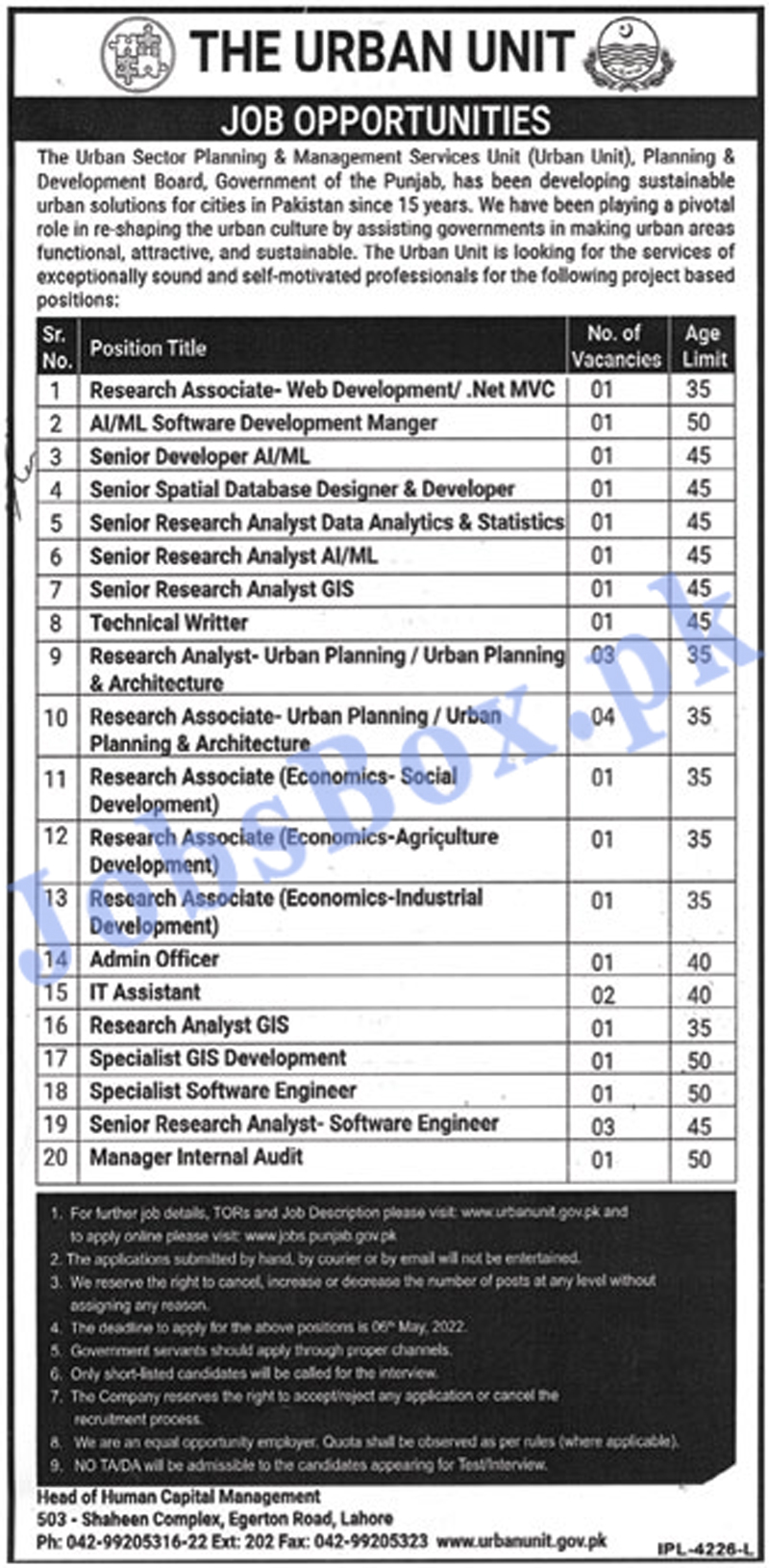 Punjab Government Jobs in Urban Unit Online Form at www.urbanunit.gov.pk