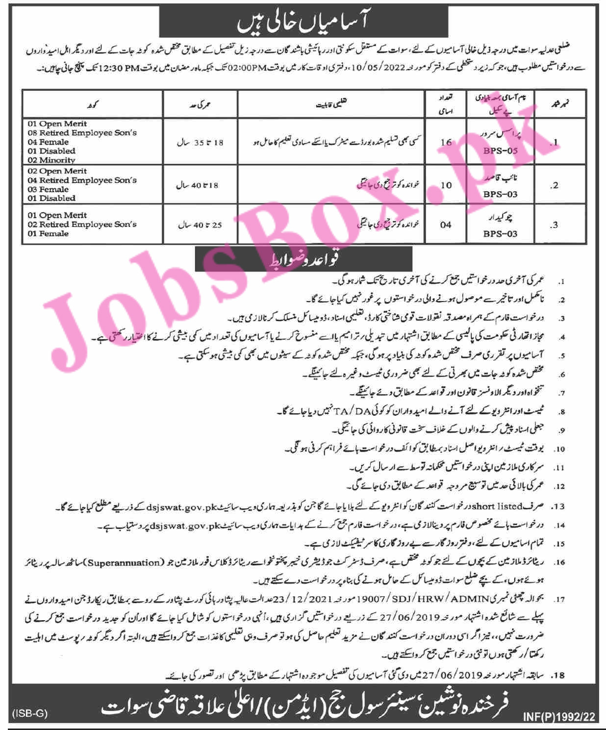 District and Session Courts Swat Jobs 2022 – Download Application Form