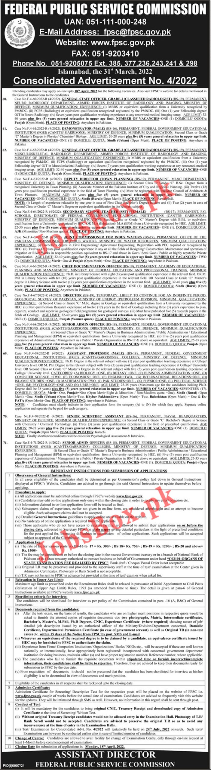 FPSC Jobs 2022 Consolidated Advertisement No. 04/2022