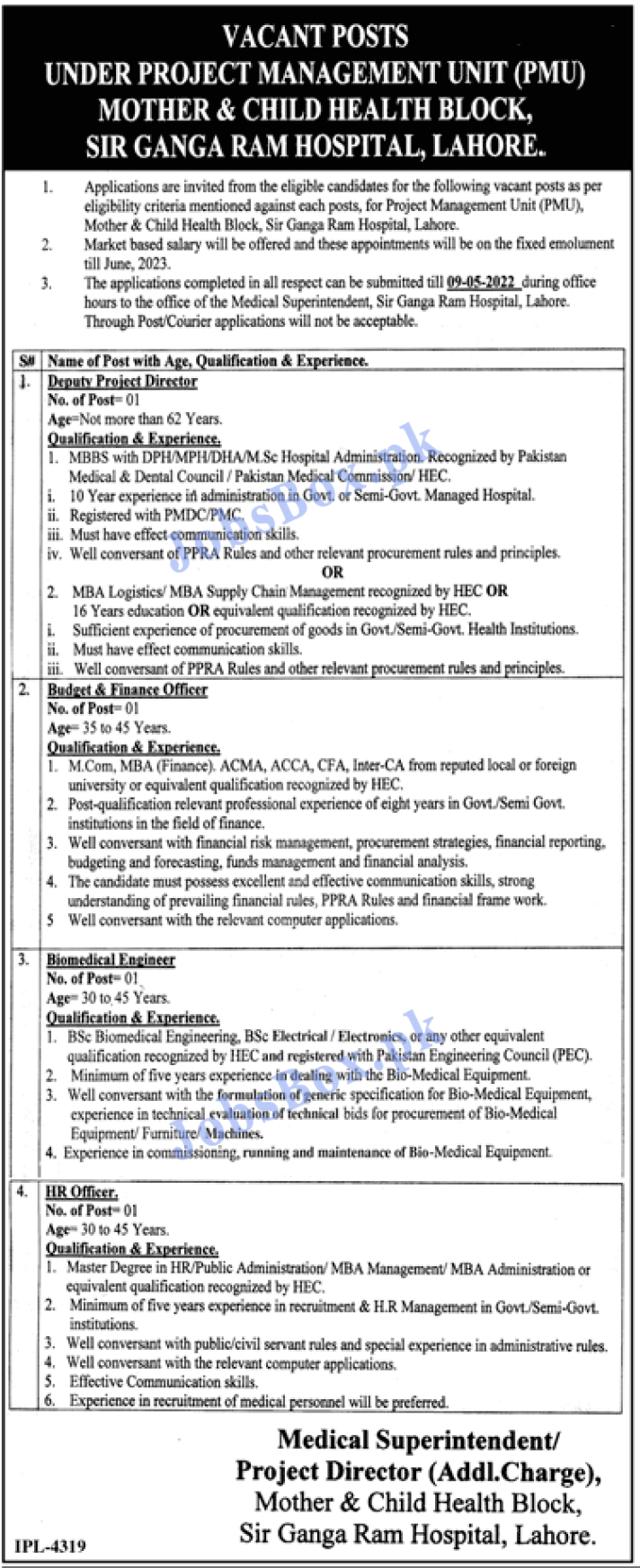 Sir Ganga Ram Hospital Lahore Jobs 2022 for Project Management Unit