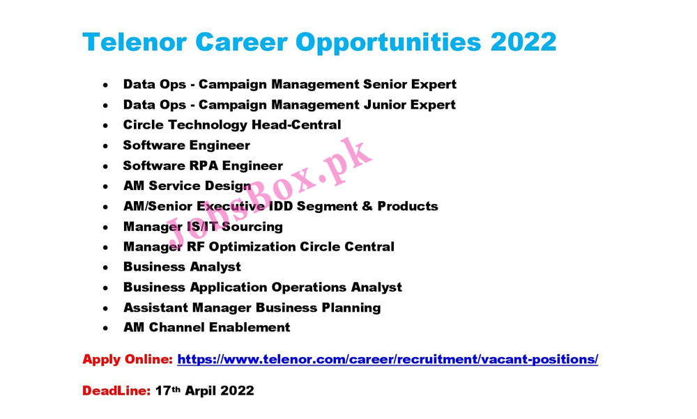Telenor Pakistan Jobs 2022 – Apply Online www.telenor.com