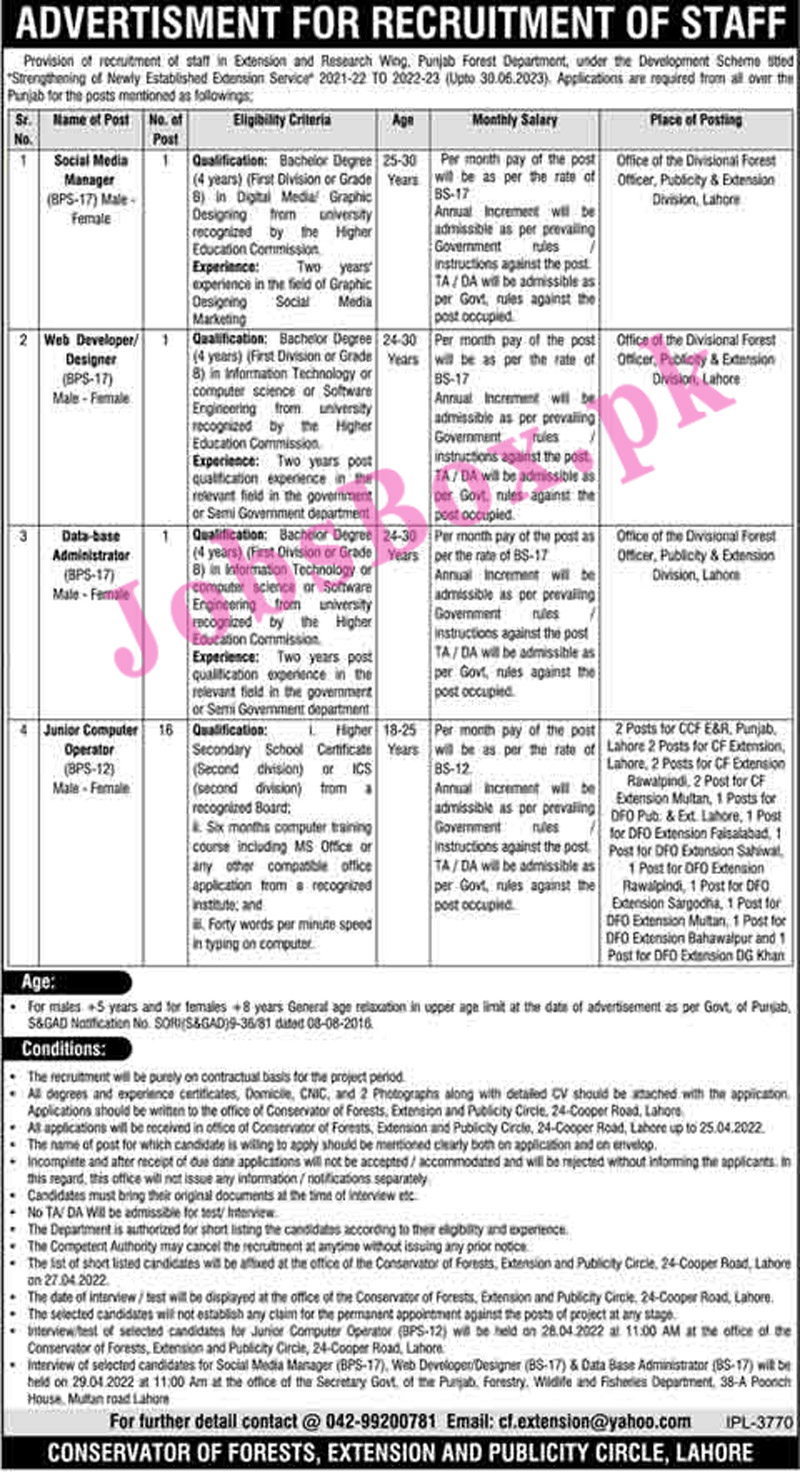 Forest Department Punjab Jobs 2022 April Advertisements