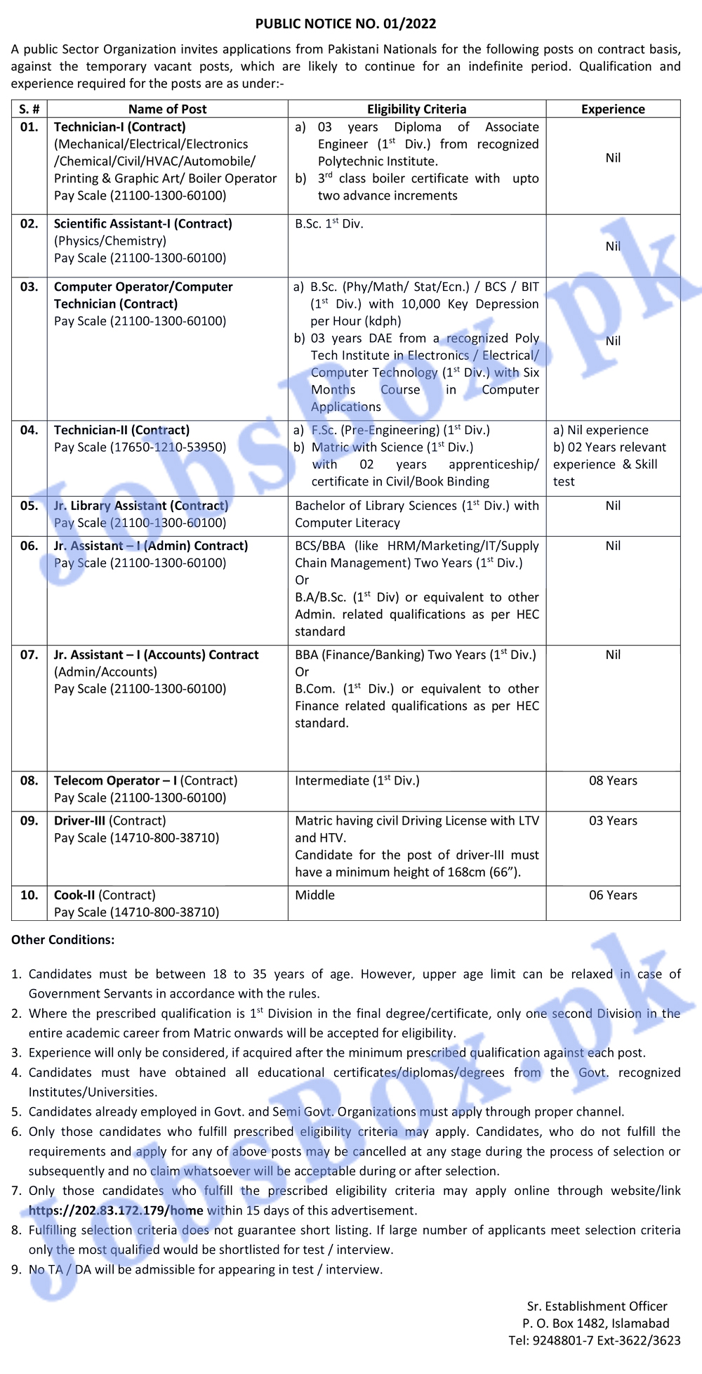 Public Sector PO Box 1482 Islamabad April Jobs 2022 across Pakistan