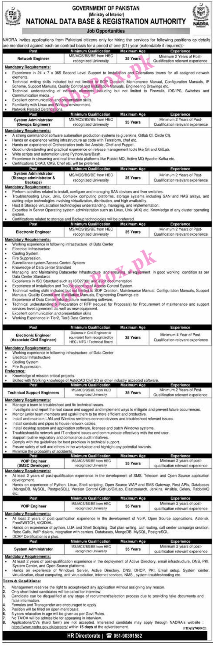 NADRA Jobs 2022 Ministry of Interior – Apply at www.nadra.gov.pk