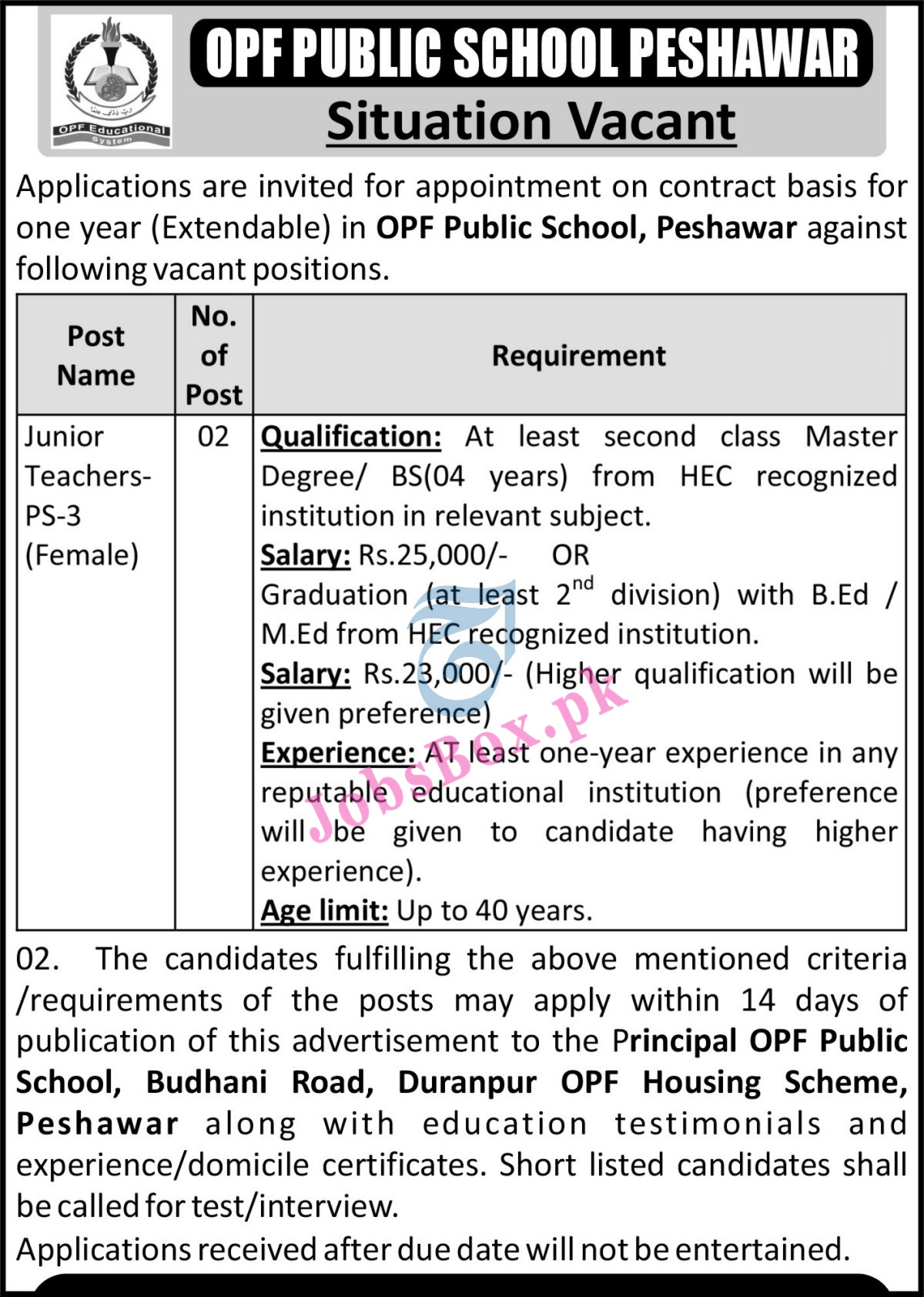 OPF Public School Peshawar Jobs 2022